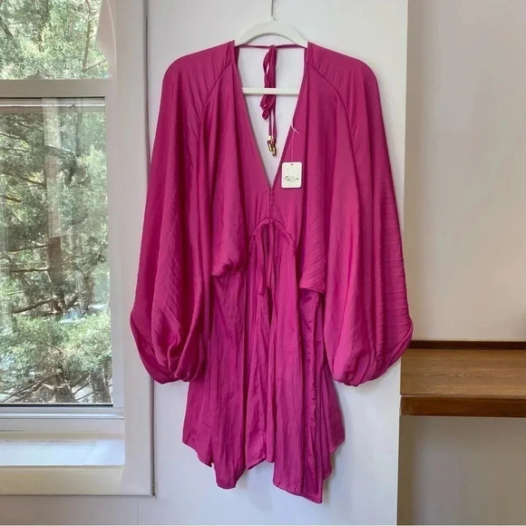 New Free People Arzel Long Sleeve Mini Dress in Magenta Haze Hot Pink XS - Picture 5 of 13